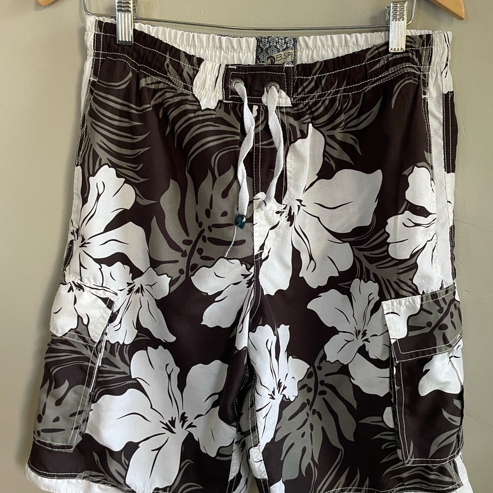 Banana Split Men's Floral Print swim Trunks - Brown and White